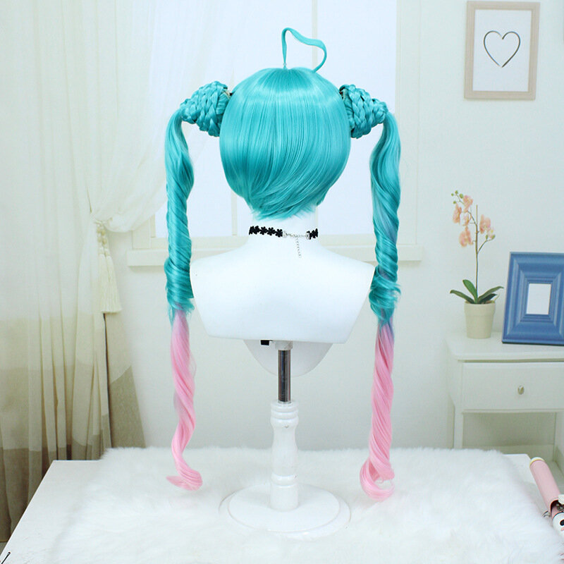 Blue Wig Anime Cosplay Double Ponytail Braid Simulate Hair Comic-Con Periwig Props Stage Performance Halloween Accessories