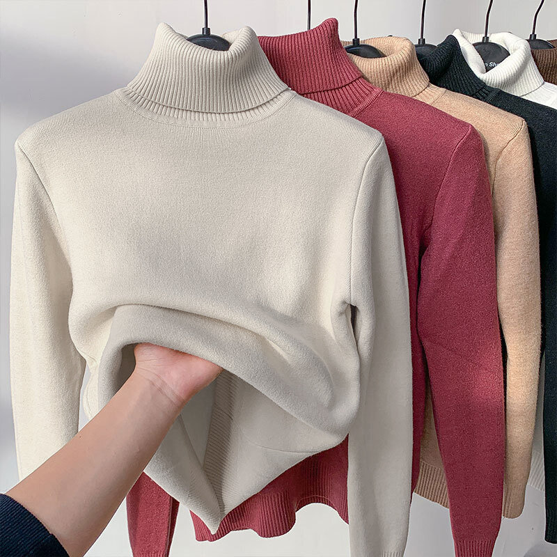 Женский свитер с высоким воротником, элегантный плотный теплый вязаный пуловер с длинным рукавом, Женские базовые свитера, повседневные Джемперы, топы на осень и зиму