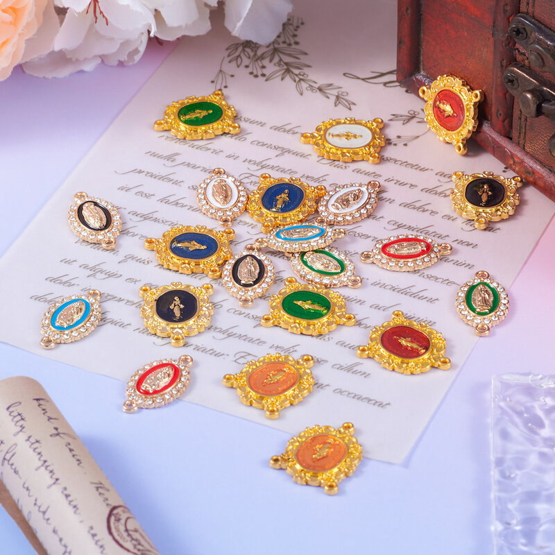 24pcs Rosary Centerpiece Connector Oval Virgin Mary Charms Alloy Enamel Chandelier Components Links for Religion Necklace Making