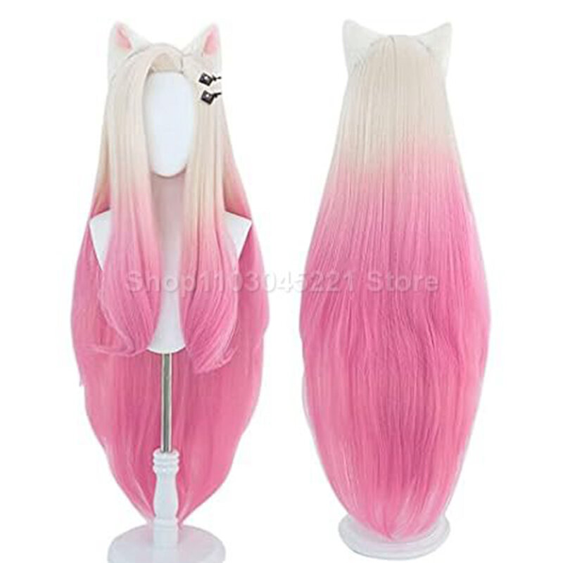 Gold and Pink KDA Ahri Girl Wig Women's Long Straight Game Role Playing Wig Halloween Costume Party Wig