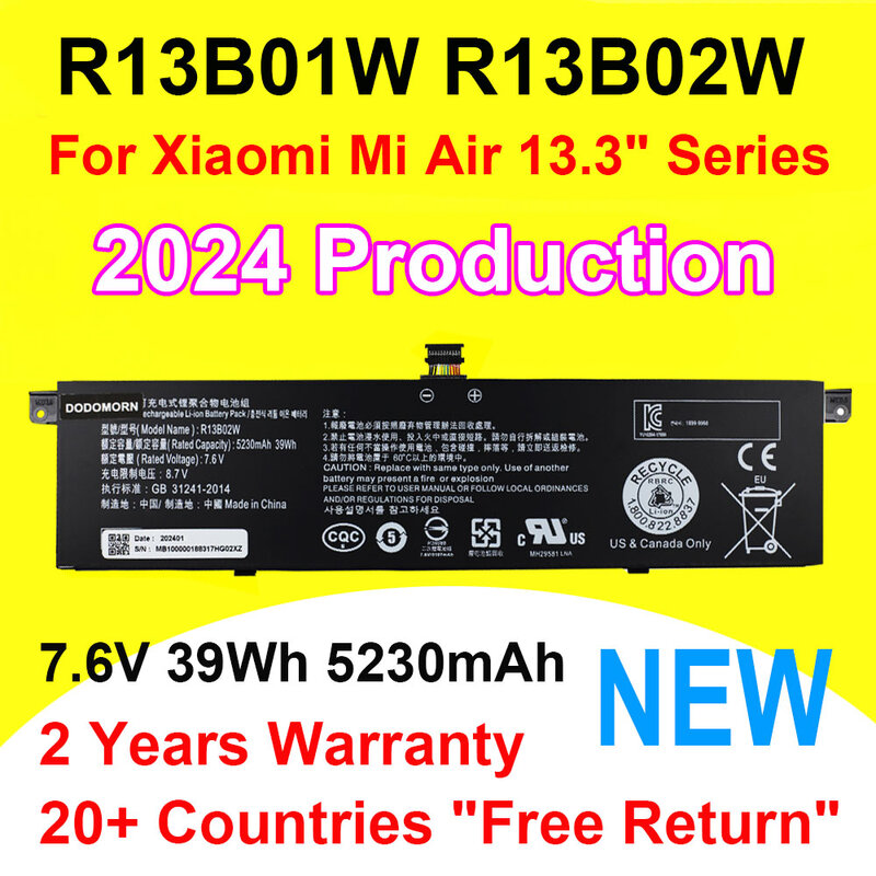DODODOMORN-Bateria para Xiaomi Mi Air Series, 39WH, 5230mAh, R13B01W, R13B02W, 13.3 ", Baterias para Notebook, Transporte Rápido, Em Estoque, Novo