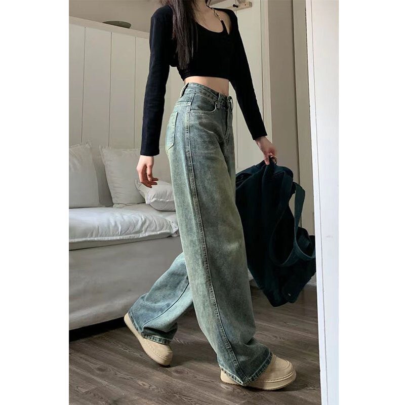 Calças jeans justas e largas para mulheres, cintura alta, jeans largos, calça casual que combina com tudo, streetwear vintage, Y2K, novo, anos 90