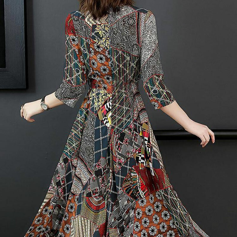 Elegante V-Ausschnitt Folk gedruckt Midi-Kleid Vintage Damen bekleidung Ärmel Frühling Sommer A-Linie Taille Mode gespleißt Kleider