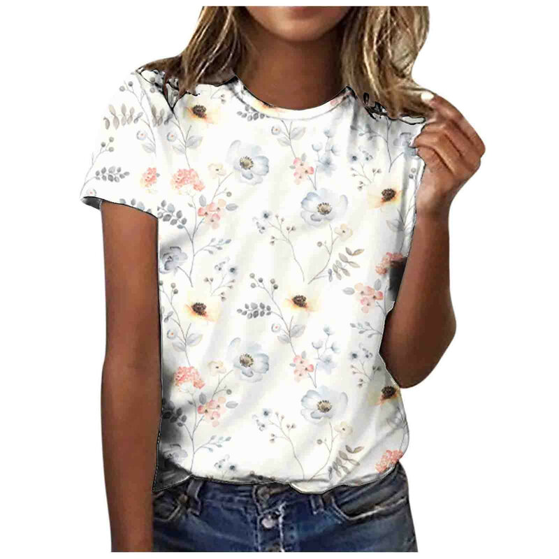 Женская футболка с коротким рукавом, круглым вырезом и цветочным принтом