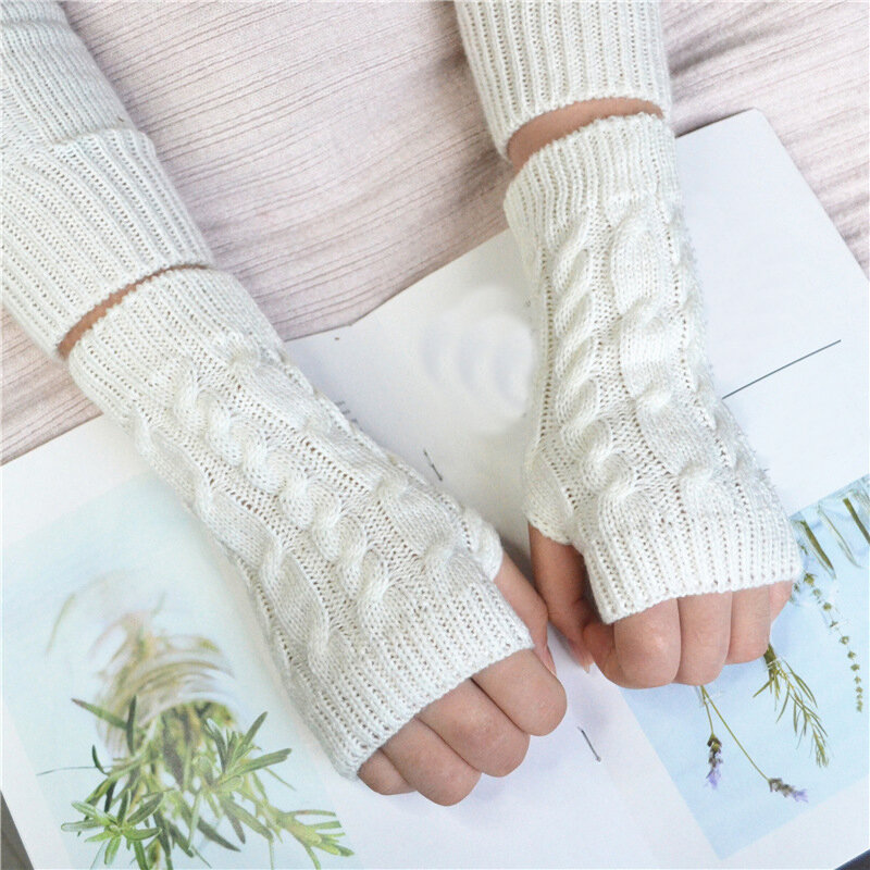 Guantes de punto sin dedos para otoño e invierno, manoplas de lana, calentadores de brazos, guantes largos de medio dedo, lana sólida para escribir a mano