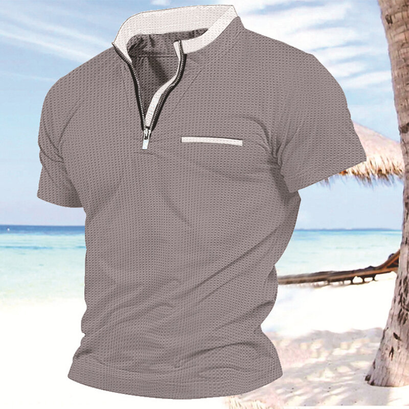 Рубашка-поло мужская с коротким рукавом, Винтажная футболка с вафельным принтом, с воротником-стойкой, на молнии, повседневный Свободный пуловер, лето