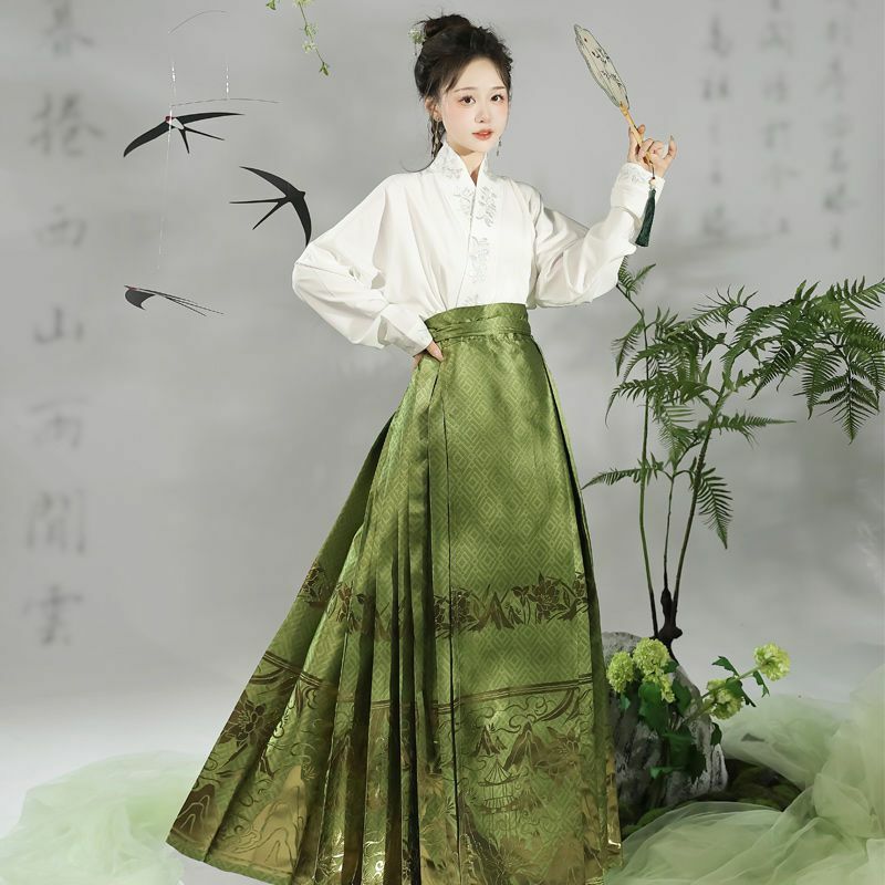 Улучшенная юбка Hanfu с изображением лошади для женщин, традиционное китайское плетение, Золотое Искусственное искусство, зеленые, синие, черные комплекты