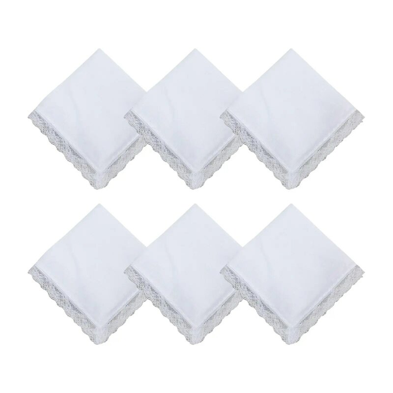 6x Cotton White Handkerchiefs Super Soft Chest Towel DIY Blank Handkerchiefs Elegant Hanky for Women Ladies Girls Kids Christmas