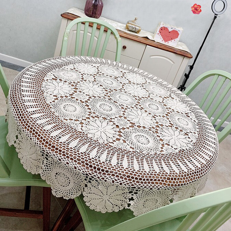 130cm White Round Tablecloth Vintage Crochet Lace Cotton Floral Tablecloth for Wedding Party Home Table Decoration