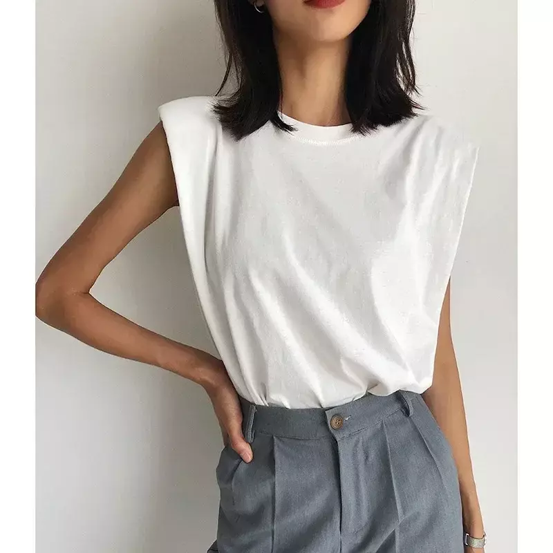 Women's Summer Top Cotton Shoulder Pad Round Neck Sleeveless Loose Women's Style Sexy Strap Solid Color Top