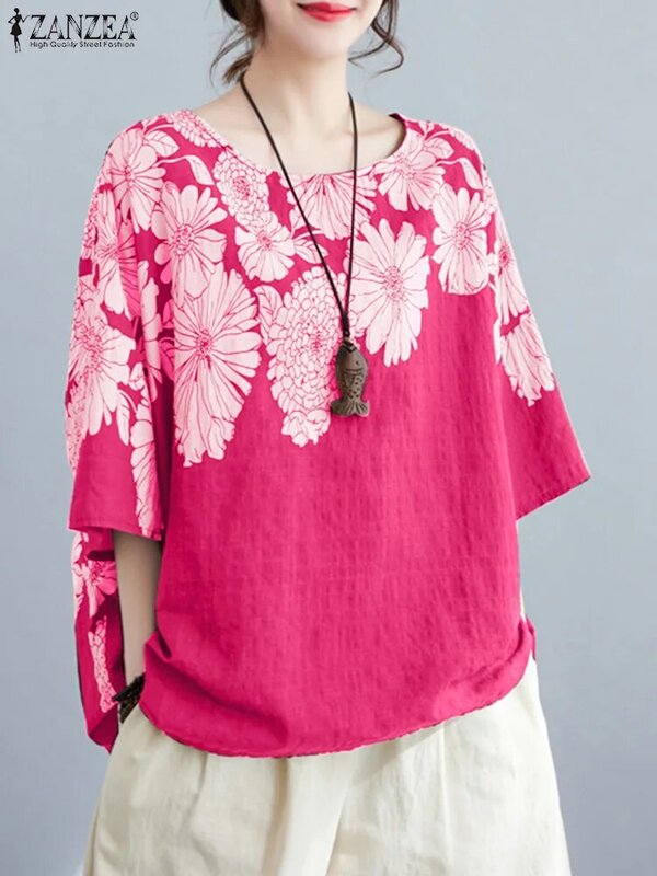 ZANZEA-Blusa estampada de manga 3/4 para mujer, Top bohemio con cuello redondo, camisa Floral elegante, Túnica de trabajo holgada informal de gran tamaño