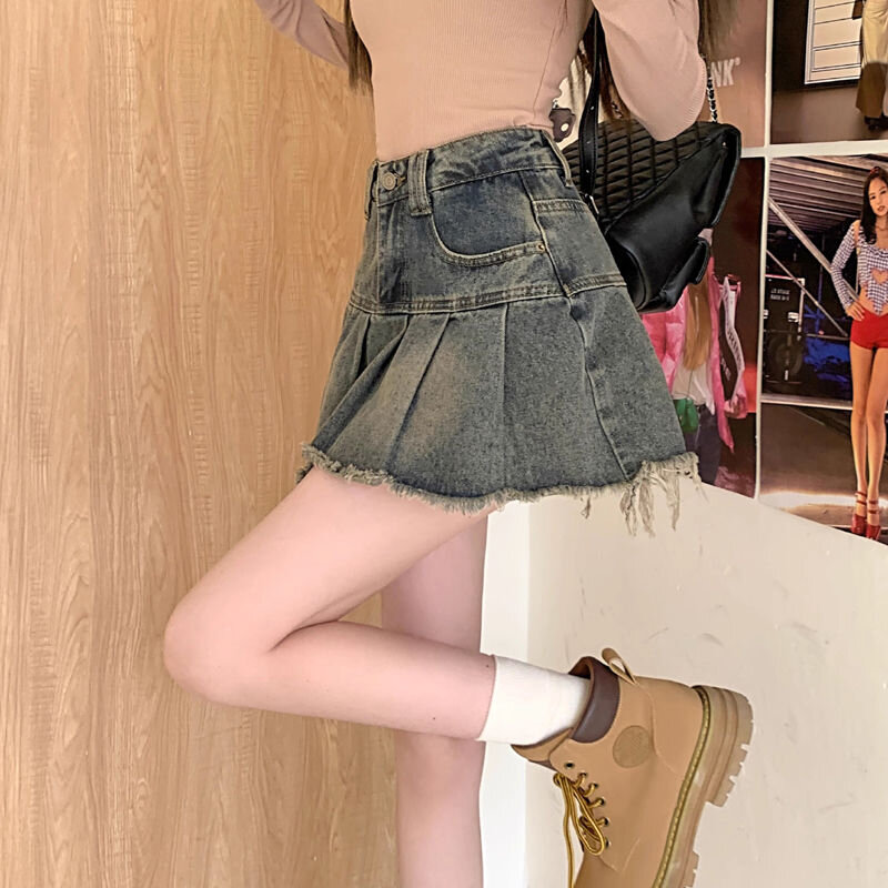 MEXZT Vintage 90S Denim Mini Skirt Women Y2K 2000S Streetwear Pleated Jeans Skirts Harajuku Korean High Waist A Line Skirt New