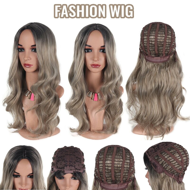Wig sintetis, Wig gradien abu-abu cokelat manis, Wig rambut palsu panjang alami bergelombang untuk wanita, Wig Cosplay kasual harian