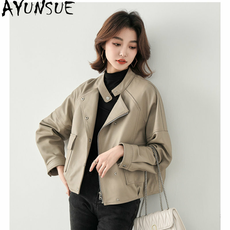 AYUNSUE-Chaqueta de piel auténtica para mujer, abrigo holgado de piel de oveja, abrigos de motorista, 2023