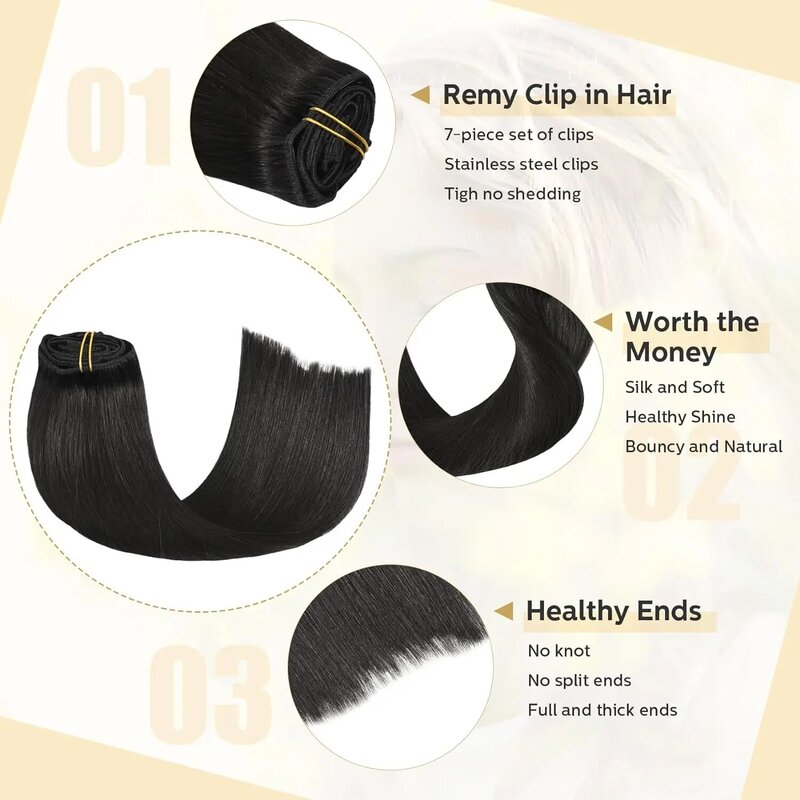 Straight Clip in Hair Extensions Human Hair Skin Weft Seamless Invisible Natural Black Hair Color 1B# For Women 14"-24" 100g/Set