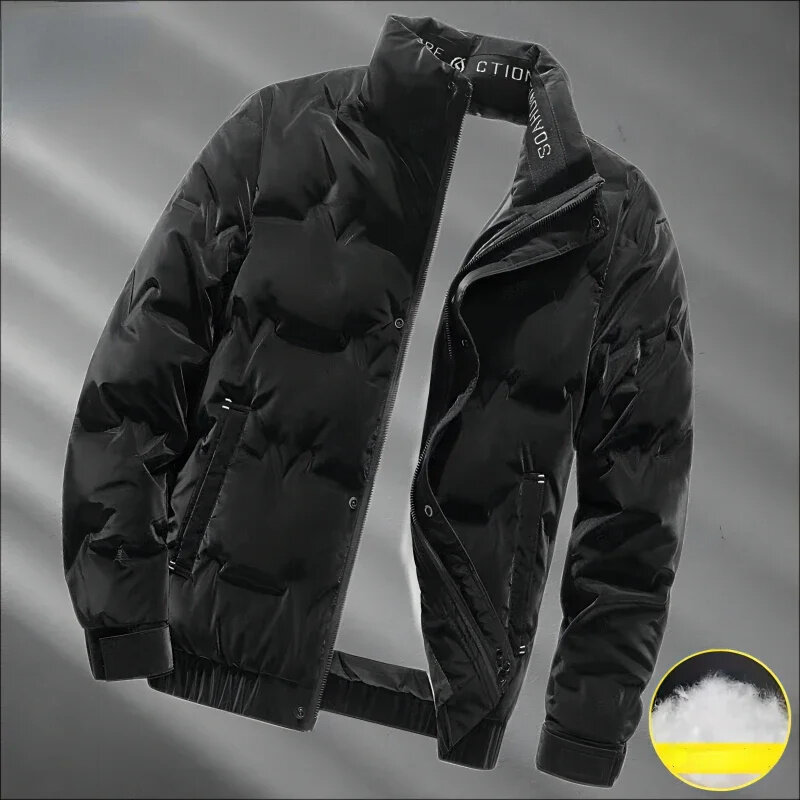 Jaket Down mantel hangat untuk pria, pakaian musim dingin kerah berdiri tahan angin, pakaian pria ritsleting parka ringan tebal