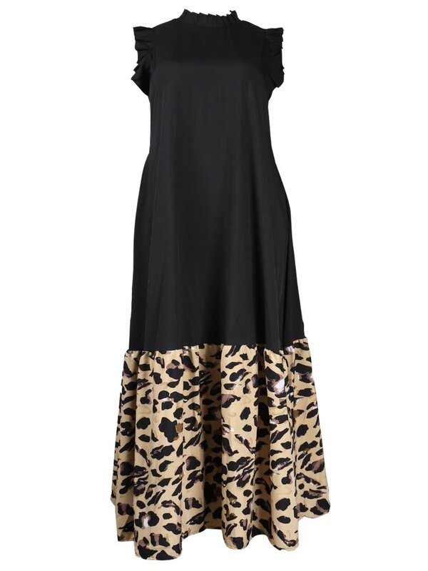 LW-leopardo feminino estampa babados aparar vestido solto, verão elegante patchwork, sem mangas, até o chão, a linha maxi vestidos