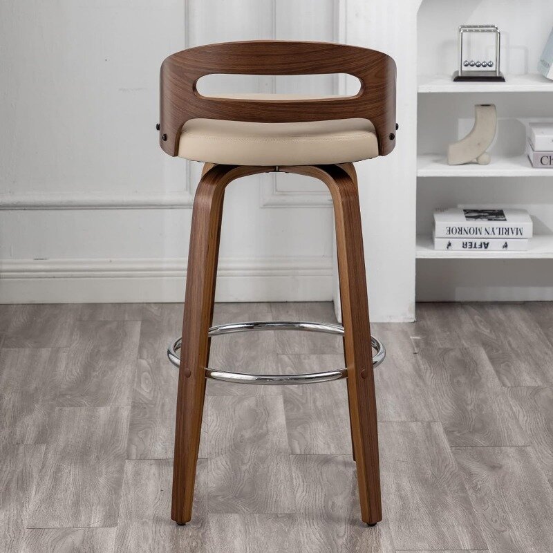 Bar Stools Set of 2, Swivel Bar Height Stools with Low Back, Wood Bar Chairs with Soft Cushion Seat, 24.6-Inch Seat Height
