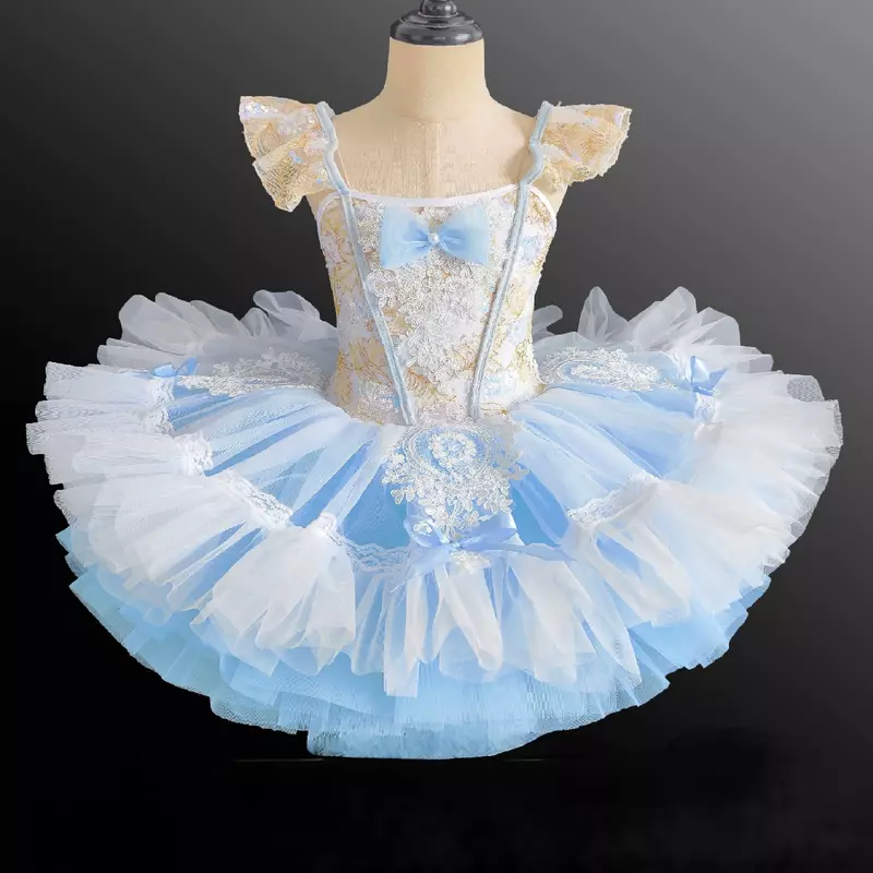 Vestido de Ballet con lentejuelas de encaje para niña, vestido de actuación de cisne, vestido de escenario de gasa esponjosa