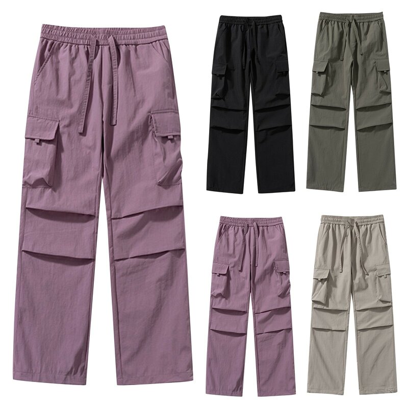 Streetwear 2024 New Cargo Pants Casual Men Elastic Waist Drawstring Wide Leg Pants Multi Pocket Loose Baggy Pants For Women