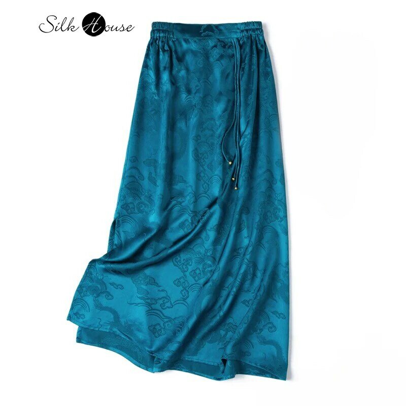 2024 Women's Fashion Summer New Heavyweight 100% Natural Mulberry Silk Jacquard Satin New Chinese Peacock Blue Split Skirt