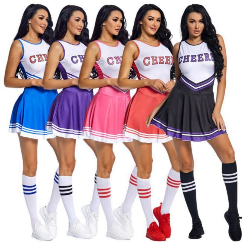 Kostum Cheerleader, seragam dansa cetak huruf kompetisi sekolah tinggi, kaus kaki pompom, gaun pesta Cosplay, karnaval, Halloween
