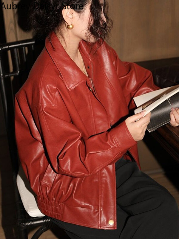 Женская байкерская куртка на молнии, винтажная Красная кожаная куртка в стиле панк, Байкерская уличная одежда для зимы