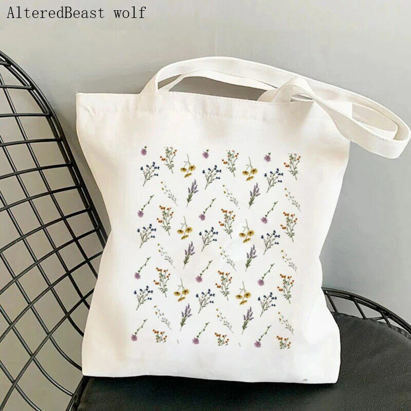 Женская сумка ручной работы в стиле Харадзюку с изображением диких цветов, Холщовая Сумка для покупок, женская сумка-тоут