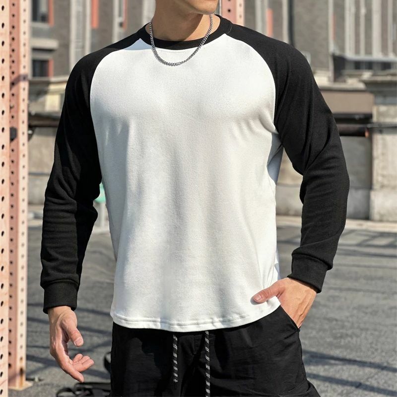 Camiseta de manga larga para hombre, top de cuello redondo, ropa deportiva para correr al aire libre, color a juego con los hombros, novedad de 2024