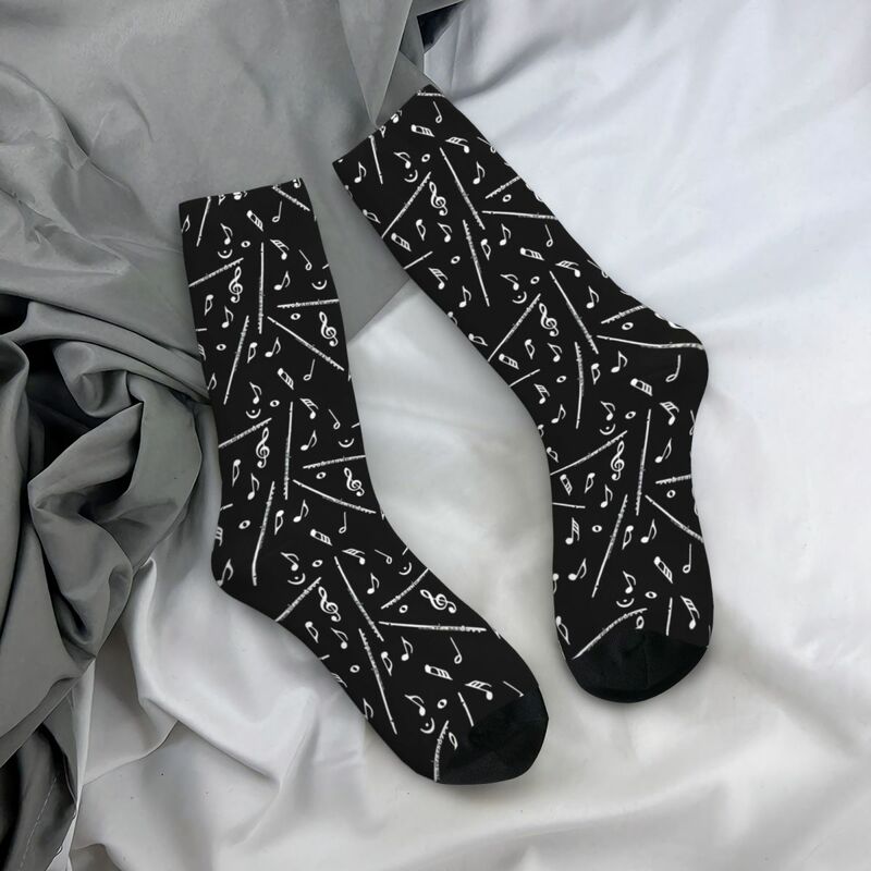 Funny Crazy Sock for Men Flute White Music Note Hip Hop Harajuku Music Note Happy Pattern Printed Boys Crew Sock Casual Gift