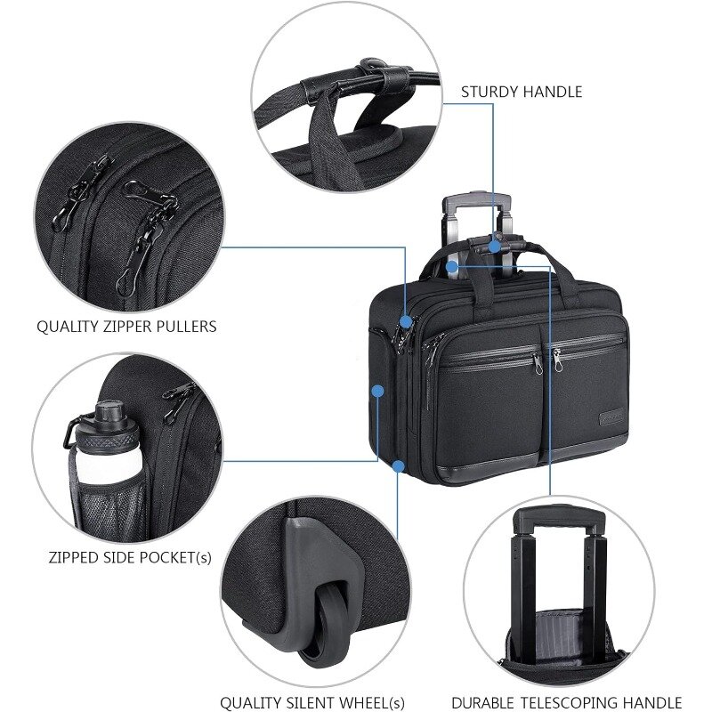 RFID 포켓이 있는 노트북 방수성 롤링 컴퓨터 가방, 여행, 비즈니스, 남성, 여성용, 블랙, 최대 17.3 인치