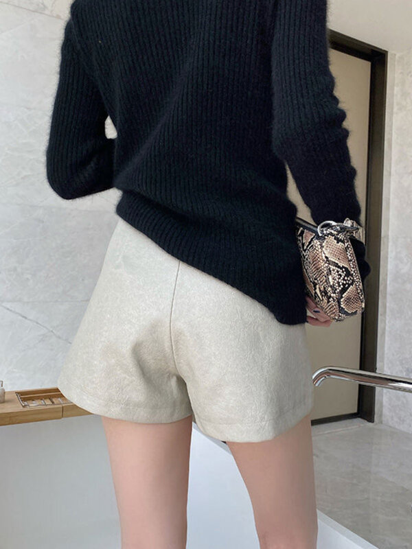 PU กางเกงขาสั้นผู้หญิง Minimalist ย้อนยุคบริสุทธิ์ Basic สไตล์เกาหลีลำลองสุภาพสตรีแฟชั่น All-Match ฤดูใบไม้ร่วงคลาสสิก Elegant Daily กางเกง
