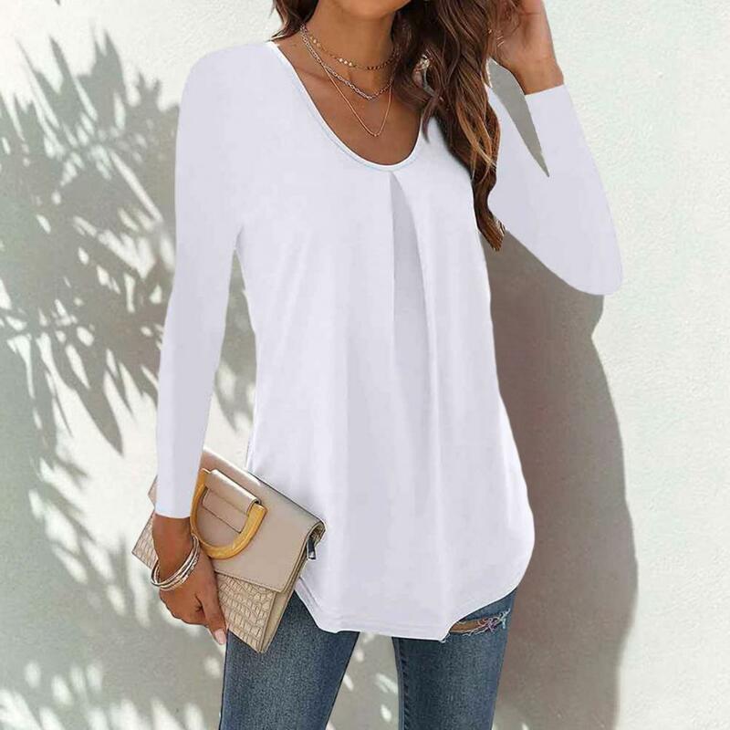 Skin-friendly Blouse Women's Solid Color Loose Pullover Blouse Shirt Soft Breathable Mid Length Long Sleeve Top for Fall Spring