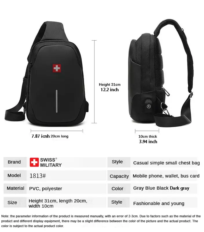 SWISS New Men's Fashion Chest Bag Solid Color Chest Bag Outdoor Casual Fashion  Shoulder Crossbody Bag Waterproof anti-theft bag