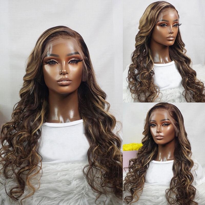 Wig Highlight Rambut Manusia Gelombang Tubuh Brasil 13X4 HD Wig Renda Depan Wig Rambut Manusia Berwarna Coklat Wig Pra Pencabutan untuk Wanita