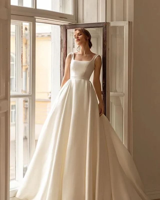 Gaun pernikahan Satin anggun, dengan mantel yang dapat dilepas kerah persegi gaun pengantin lengan Puff panjang 2024 Vestidos De Novia 2023
