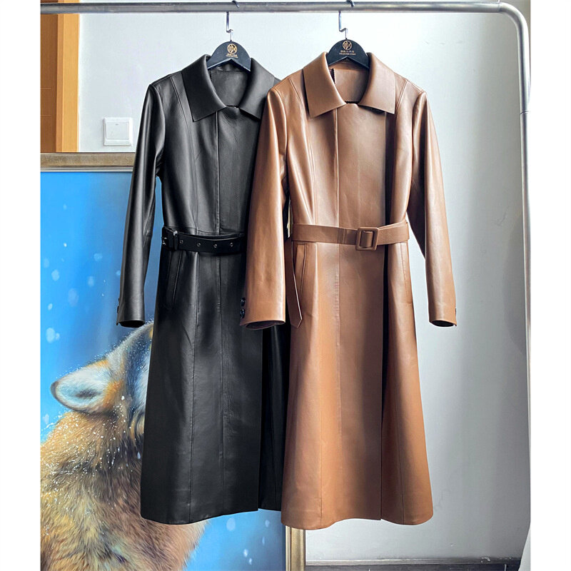 Jaket kulit penahan angin musim gugur dan musim dingin, desain sabuk gaya komuter sederhana, atasan kulit domba ramping