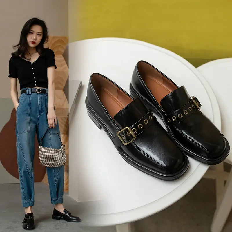 Zapatos de tacón con punta cuadrada para mujer, calzado de cuero natural de 22-25cm de longitud, con hebilla, en 2 colores, color negro, gran oferta