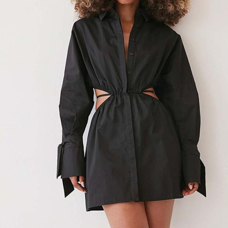 Long Sleeve Hollowing Out Shirt Dresses Women Elegant Laced Up Waist Buttons Slim Dresses Summer Fashion Collage A-Line Robe