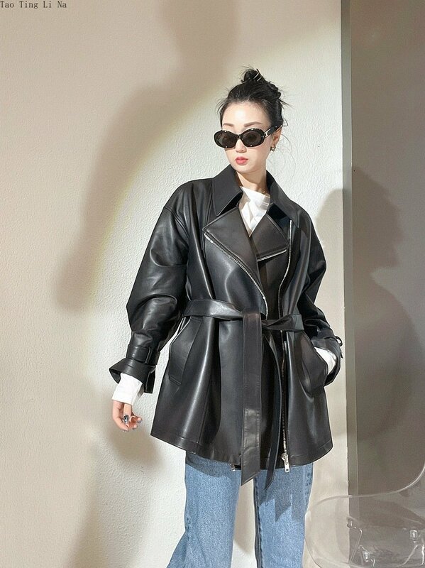 2023 Women New Genuine Sheepskin Leather Coat Loose High-end Real Sheep Leather Motorcycle Jacket G9