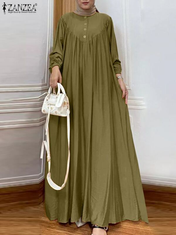ZANZEA gaun Muslim wanita, pakaian pesta kasual leher O, lengan panjang, jubah Turki Vintage warna polos 2023