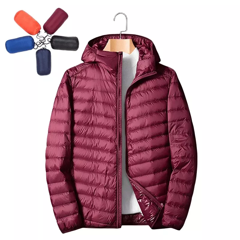 UETEEY 남성용 초경량 방풍 다운 재킷, 방수, 오염 방지, 오일 방지, 화이트 덕, 휴대용 후드 코트, 가을, 겨울
