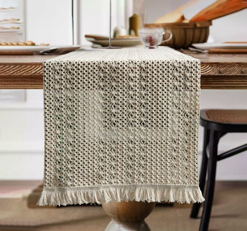 Farmhouse Boho Table Runner Macrame Table Runner with Tassel Bohemian Woven Cotton Crochet Lace Rustic Home Decor for Table