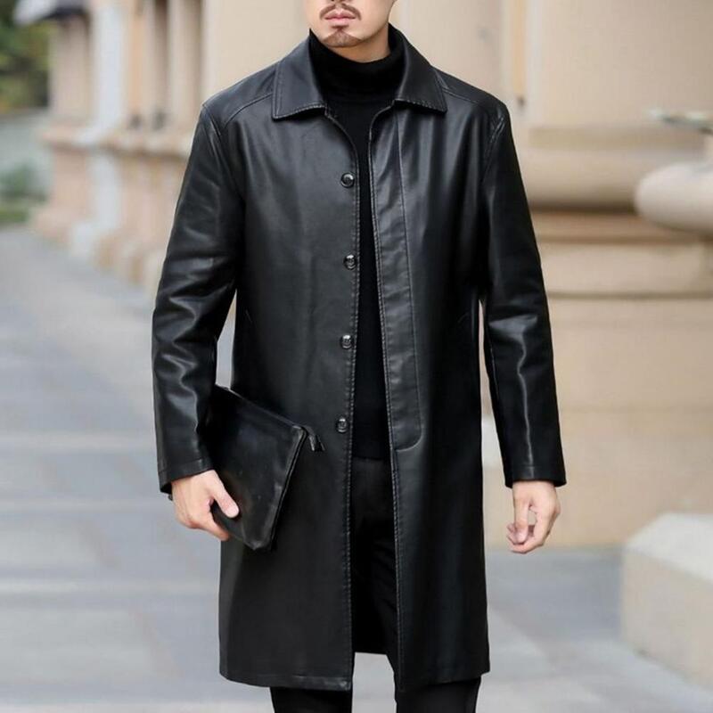 Slant Pocket Men Jacket Stylish Men's Fleece-lined Leather Jacket Lapel Windbreaker with Pockets Single for Autumn/winter