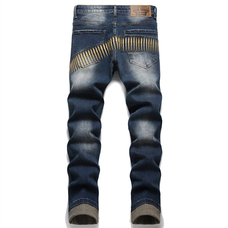 Ностальгические рваные джинсы для мужчин, уникальный дизайн с вышивкой, модные уличные эластичные облегающие мотоциклетные ретро брюки