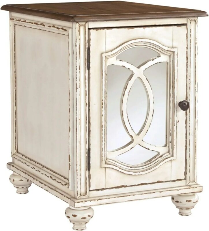 Farmhouse Chair Side End Table with Cabinet for Storage Antique White & Brown  For Study, Living Room and Bedroom