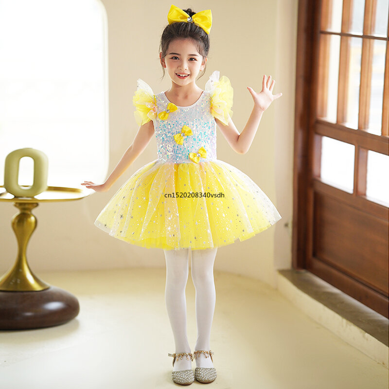 Children's Latin dance dance costume costume Kindergarten cute pompadour dress costume Girl sequin gauze dress Princess dress