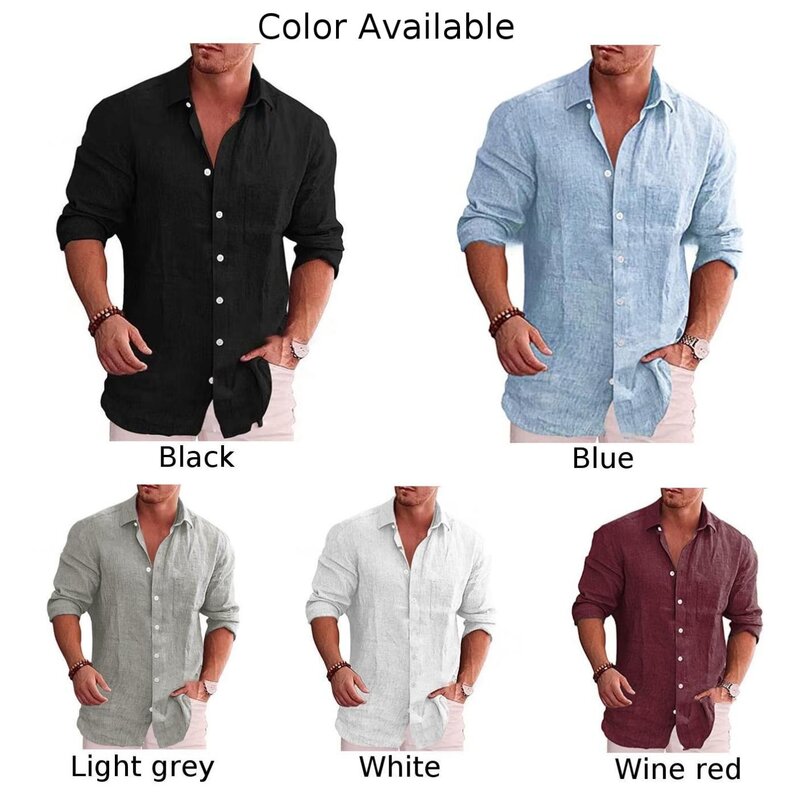 Camisa masculina de algodão de linho slim fit manga longa, tops de botão, camiseta monocromática, blusa de lapela folgada, na moda