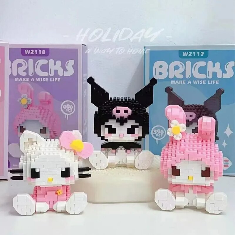 Hello Kitty Sanrio Bouwsteen Anime Figuur Cinnamoroll Kuromi Pochacco Samengestelde Decoratief Model Puzzelgeschenken Voor Kinderen