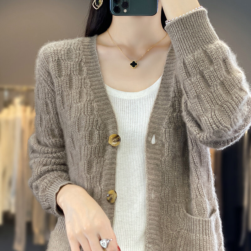 100% Wool Coat Female V-Neck 23 Loose And Slim Cashmere Cardigan In Autumn And Winter To Keep Warm And Comfortable Sweater